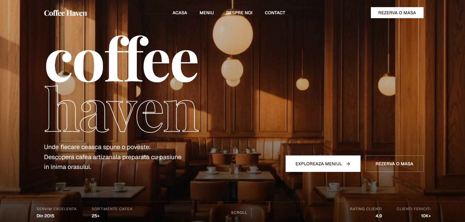 Coffee Haven — Landing page pentru cafenea artizanală — meniu, rezervări, contact.