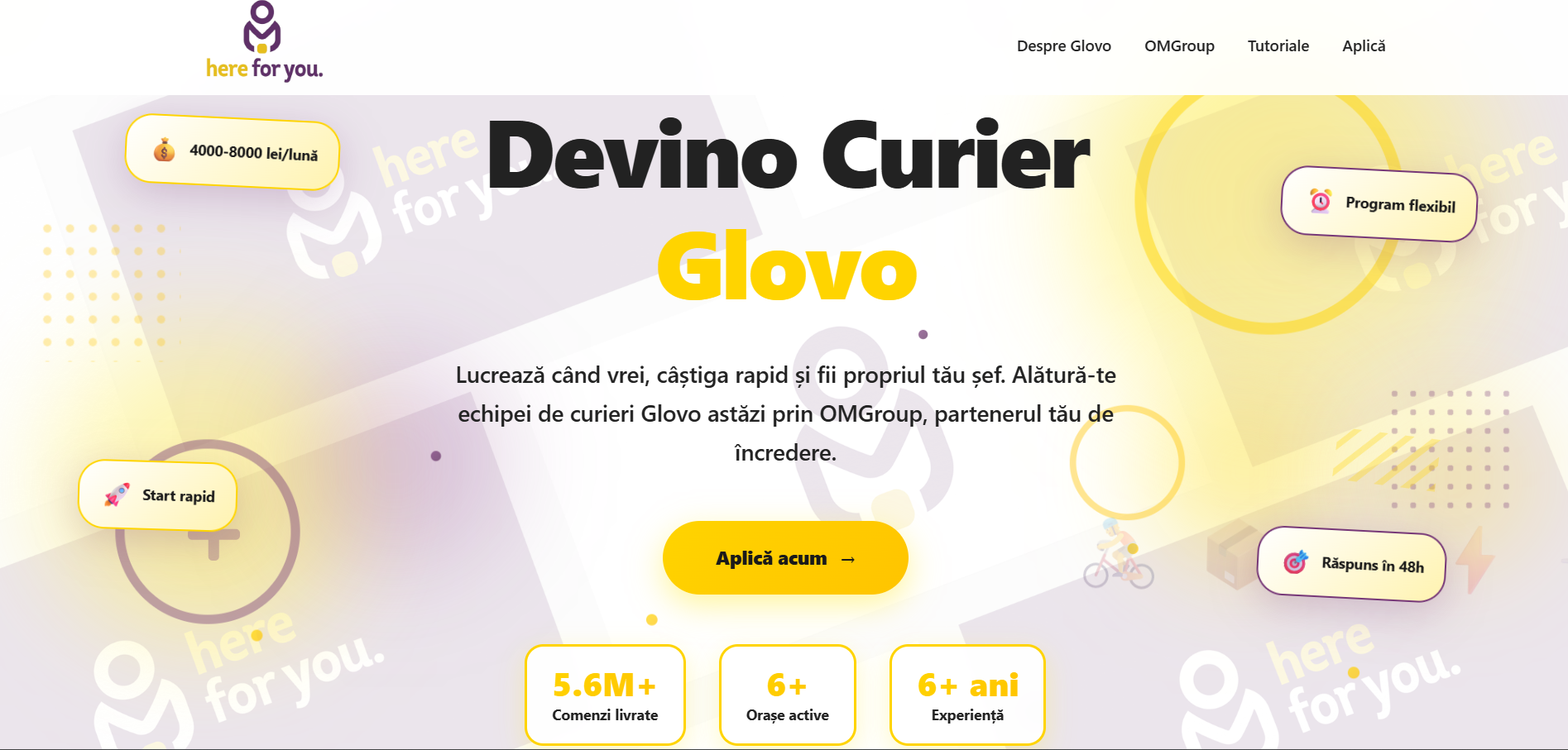 OMGroup — recrutare curieri Glovo — Landing page pentru recrutarea de curieri Glovo, cu prezentare beneficii, proces de aplicare și formular online.