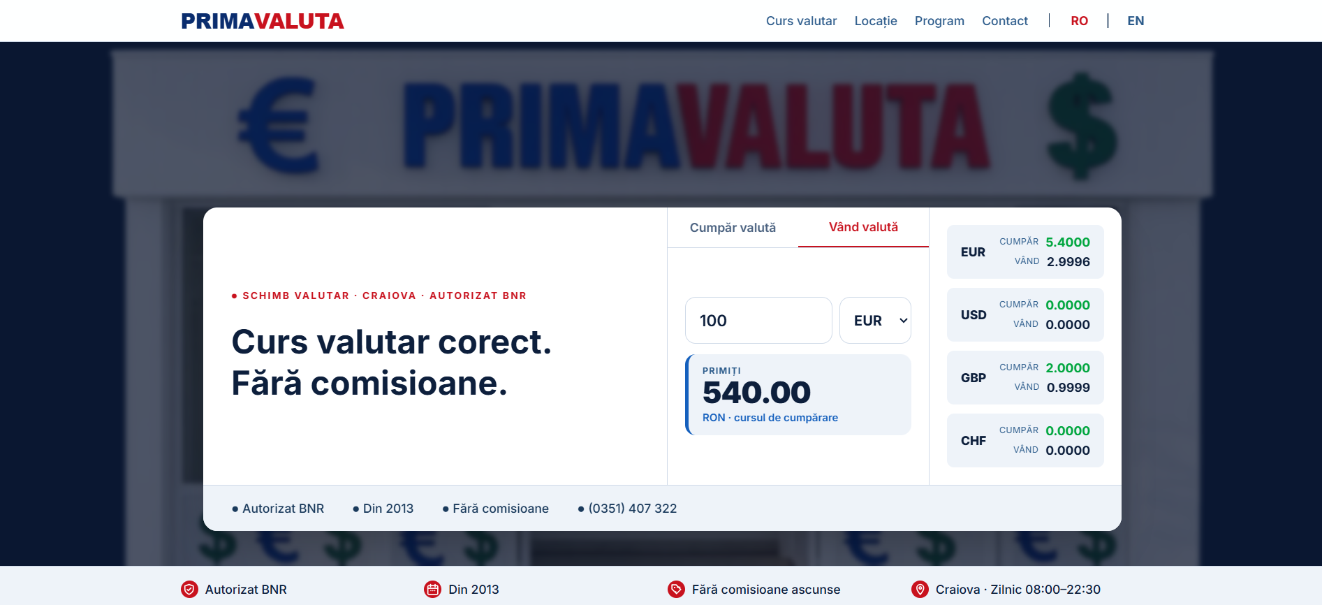 Prima Valuta — curs valutar live — Website de prezentare pentru casă de schimb valutar autorizată BNR, cu curs live actualizat în timp real și panou de administrare.